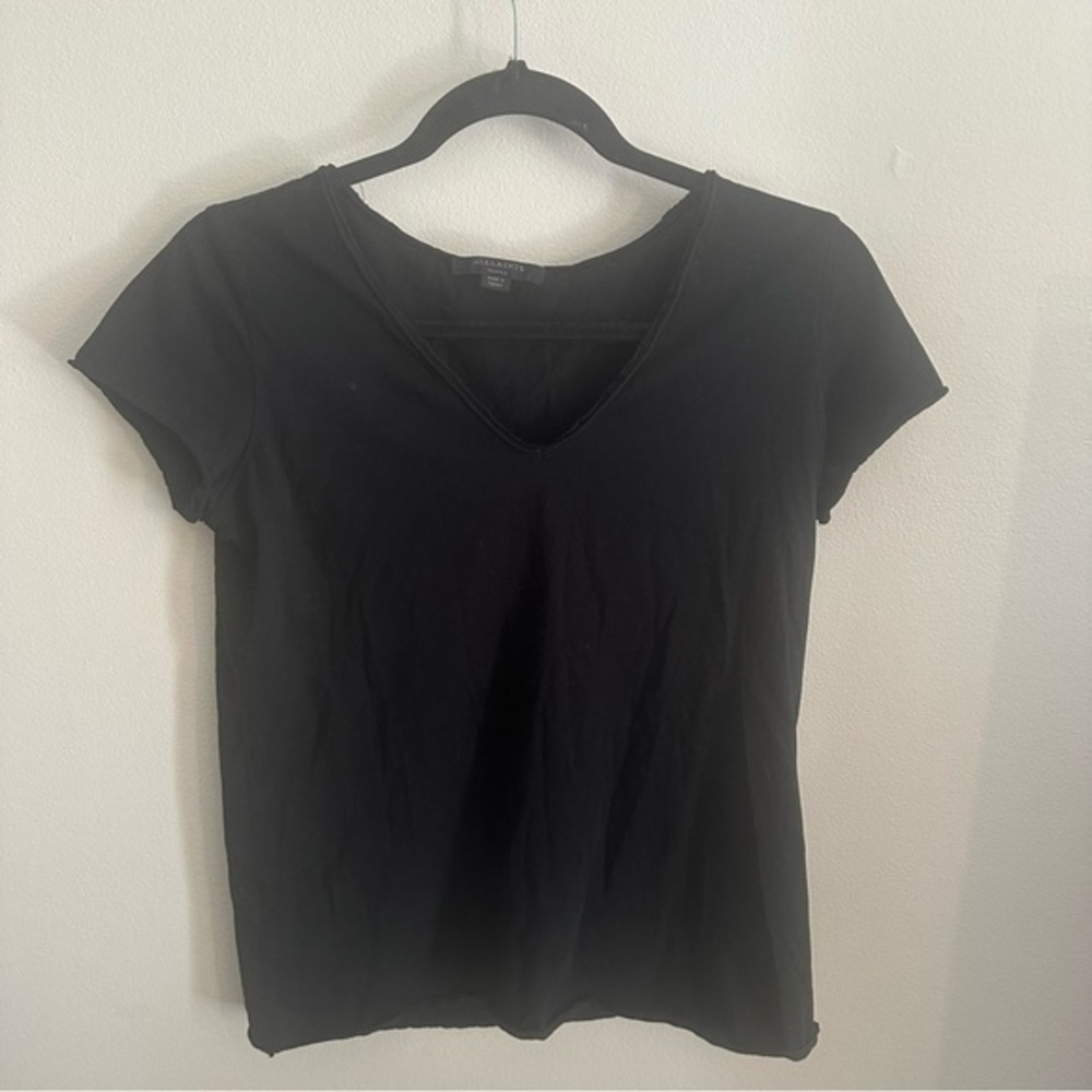 AllSaints Emelyn Tonic Black V-Neck Short Sleeve Tee Small Raw Edge
